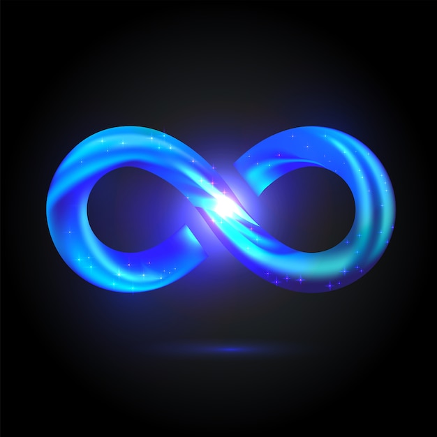 Brillante símbolo de volumen infinito. Signo de swoosh de fusión azul brillante