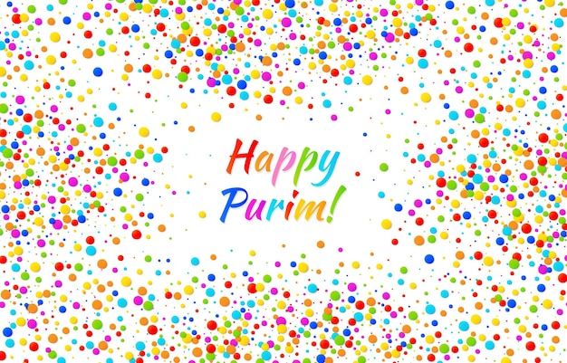 Vector brillante tarjeta happy purim con fondo de confeti de papel de colores plantilla de cumpleaños fiesta de purim