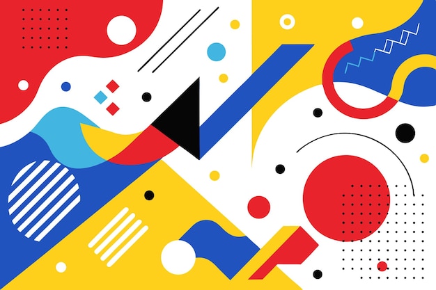 Brillante telón de fondo inspirado en Bauhaus con formas geométricas rojas, azules y amarillas