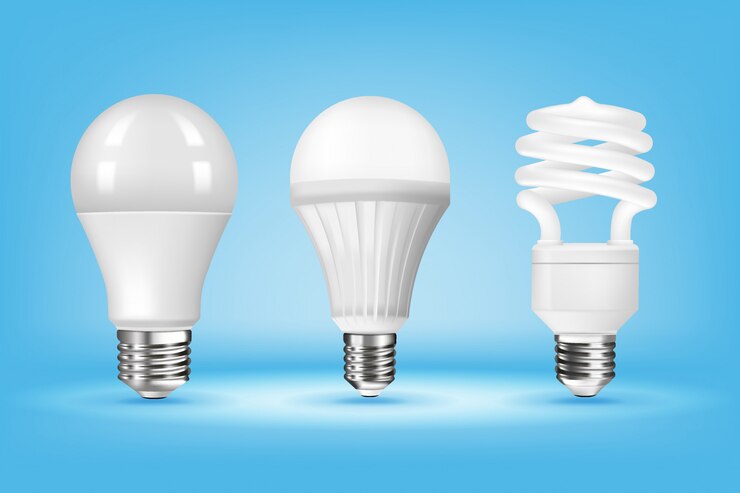 Vector brillantes bombillas cfl y led sobre fondo azul, estilo realista.