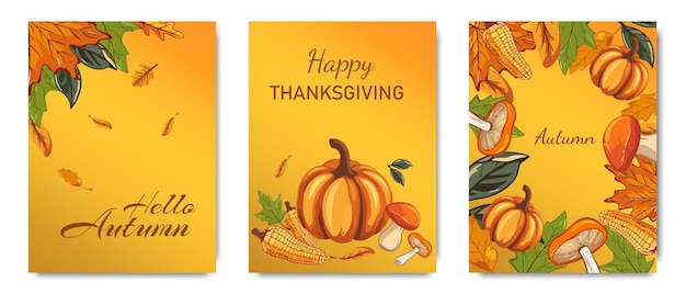 Brillantes carteles de Acción de Gracias con elementos de otoño hojas de calabaza setas de maíz naturaleza de otoño