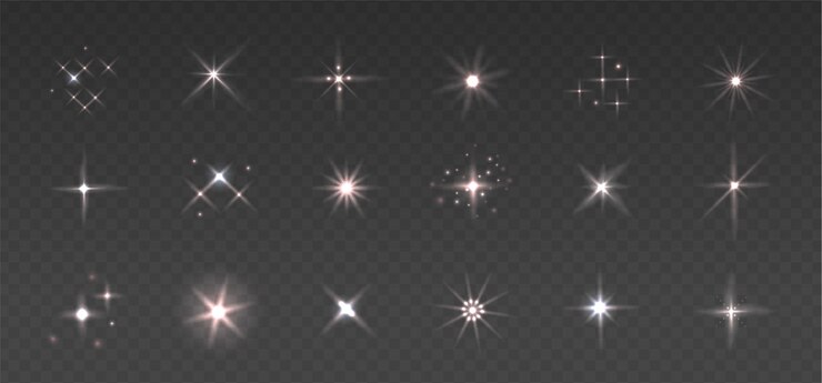 Vector brillantes estrellas blancas cálidas parpadeando y luces intermitentes conjunto colección de diferentes efectos de luz