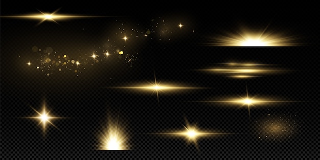 Brillantes estrellas doradas aisladas. Efectos, deslumbramiento, líneas, purpurina, explosión, luz dorada.