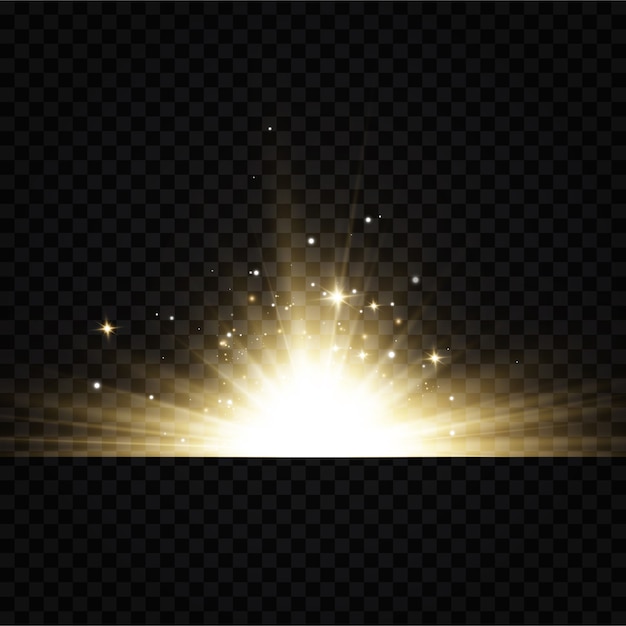 Brillantes estrellas doradas aisladas sobre fondo negro. Efectos, deslumbramiento, líneas, purpurina, explosión, luz dorada. Ilustración vectorial Conjunto.