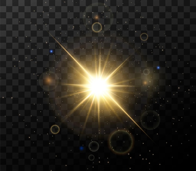 Brillantes estrellas doradas aisladas sobre fondo negro. Efectos, destello de lente, brillo, explosión, luz dorada, conjunto. Estrellas brillantes, hermosos rayos dorados.