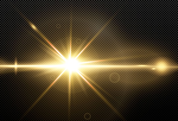 Brillantes estrellas doradas aisladas sobre fondo negro. Efectos, destello de lente, brillo, explosión, luz dorada, conjunto. Estrellas brillantes, hermosos rayos dorados. .