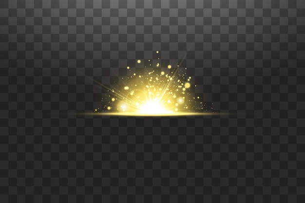 Brillantes estrellas doradas aisladas sobre fondo transparente Efectos deslumbramiento líneas brillo explosión luz dorada Ilustración vectorial