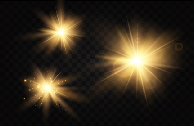 Brillantes estrellas doradas Efectos de luz deslumbramiento brillo explosión luz dorada Ilustración vectorial