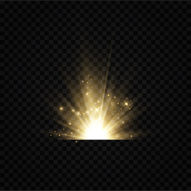 Brillantes estrellas doradas sobre fondo negro. Efectos, deslumbramiento, líneas, brillo, explosión, luz dorada. ilustración