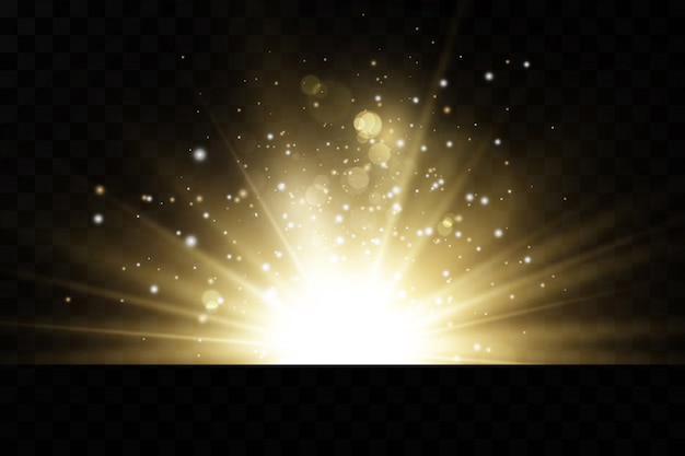 Brillantes estrellas doradas sobre fondo negro. Efectos, deslumbramiento, líneas, brillo, explosión, luz dorada. ilustración