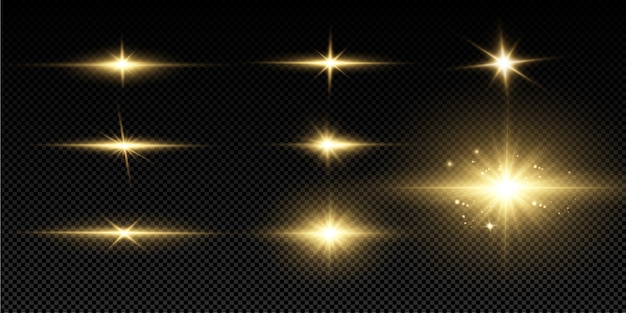 Brillantes estrellas doradas sobre fondo negro. Efectos, deslumbramiento, líneas, purpurina, explosión, luz dorada. ilustración
