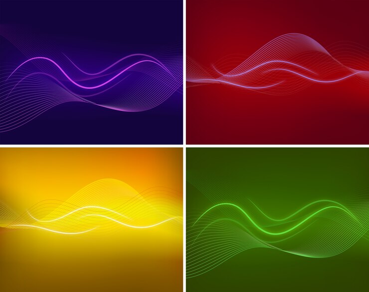 Vector brillantes líneas onduladas en cuatro fondos diferentes