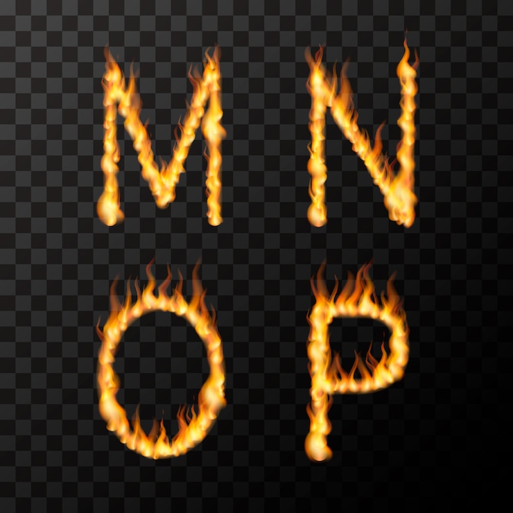 Vector brillantes llamas de fuego realistas en forma de letras mnop, concepto de fuente caliente en transparente