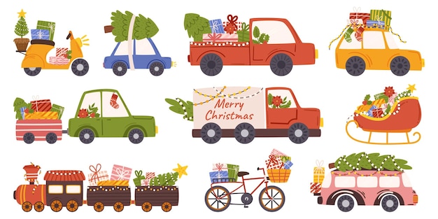Brillantes con luces festivas Decorados coches navideños difieren alegría a través de calles nevadas Llevando árboles en los techos y el espíritu de la temporada con melodías alegres y risas Ilustración vectorial de dibujos animados