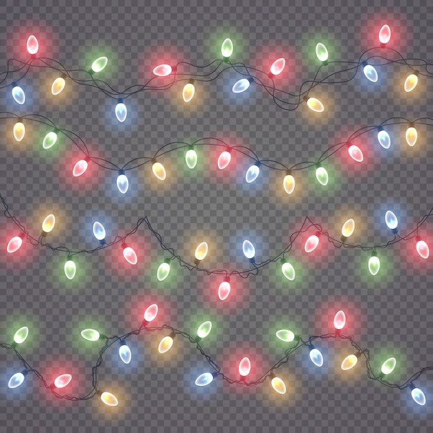 Brillantes luces de Navidad aisladas. Conjunto de guirnaldas de colores.