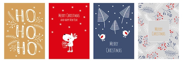 Vector brillantes tarjetas festivas de navidad y año nuevo plantillas de arte creativo abstracto universal de invierno diseño mínimo para una bolsa de regalo embalaje de póster personajes dibujados por vectores pájaro ciervo