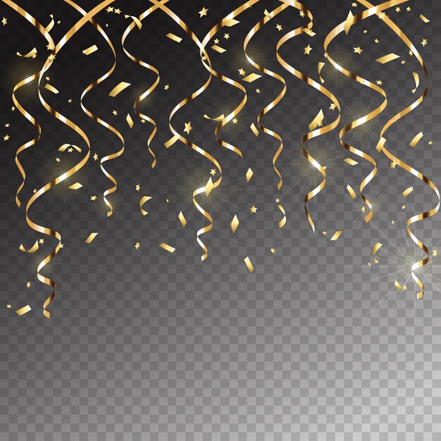 Brille la decoración festiva serpentinas doradas y confeti en la ilustración de fondo transparente oscuro