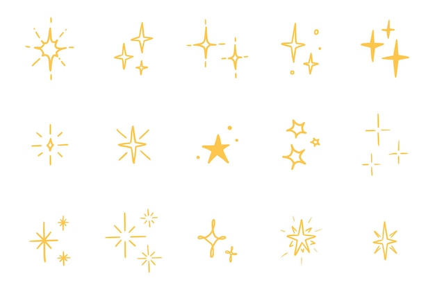 Brillo de brillo de estrella de línea del conjunto de doodle. resplandor de brillo de estrella, brillo de chispa, ilustración de vector de luz brillante. boceto dibujado a mano estilo doodle.