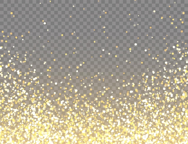 Brillo dorado brillante con luces bokeh en un fondo vectorial transparente cayendo confeti brillante