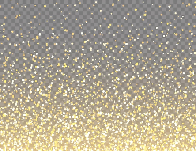 Brillo dorado brillante con luces bokeh en un fondo vectorial transparente cayendo confeti brillante