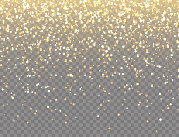 Brillo dorado brillante con luces bokeh en un fondo vectorial transparente cayendo confeti brillante