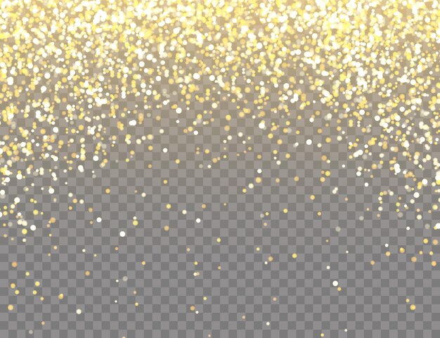 Brillo dorado brillante con luces bokeh en un fondo vectorial transparente cayendo confeti brillante