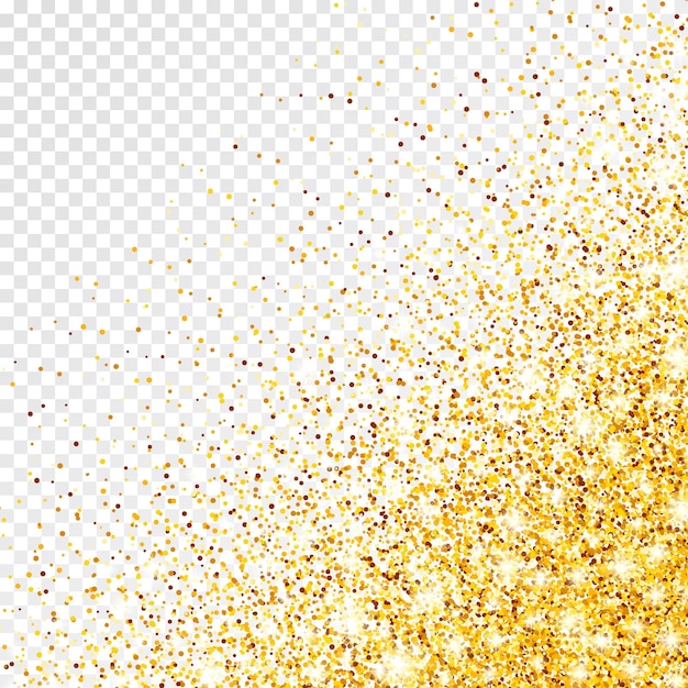 Brillo dorado brillante sobre un fondo vectorial transparente cayendo confeti brillante con fragmentos de oro