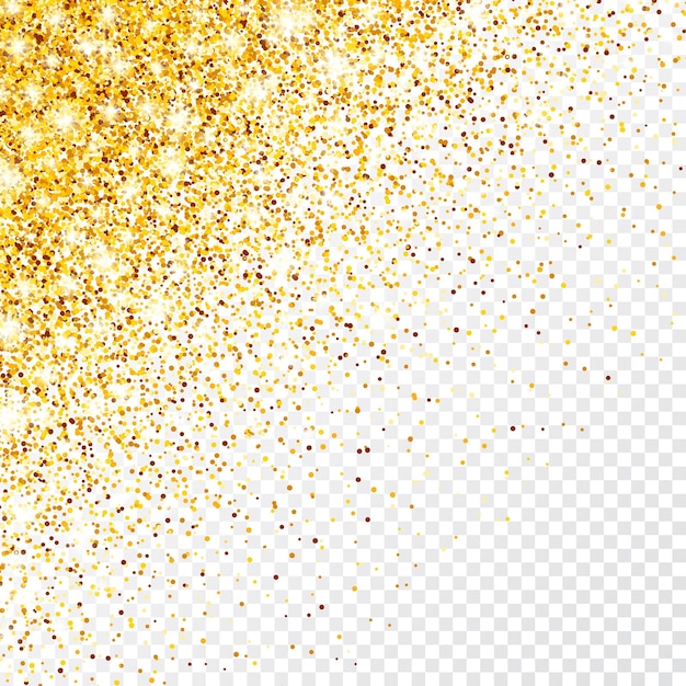 Brillo dorado brillante sobre un fondo vectorial transparente cayendo confeti brillante con fragmentos de oro