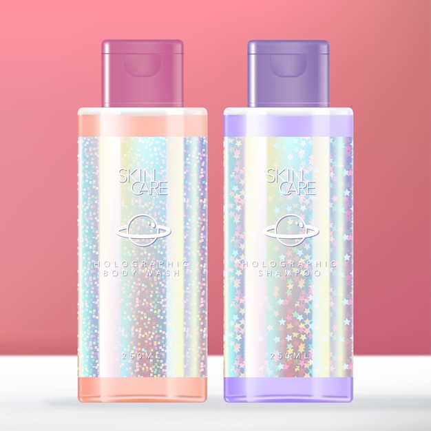 Vector brillo de moda belleza holográfica o artículos de tocador embalaje de botella transparente.