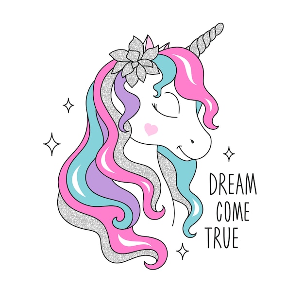 Brillo unicornio con diseño de flores para niños. Dibujo de ilustración de moda en estilo moderno para la ropa.