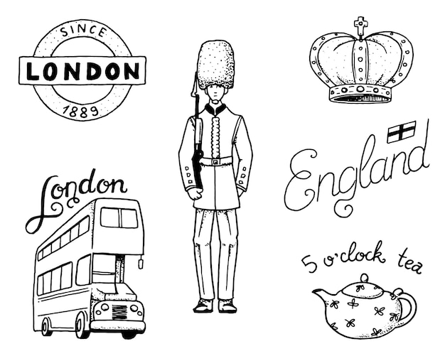 Vector británicos, corona y reina, tetera con té, autobús y guardia real, londres y los caballeros. símbolos, distintivos o sellos, emblemas o hitos arquitectónicos, reino unido. etiqueta de país inglaterra.