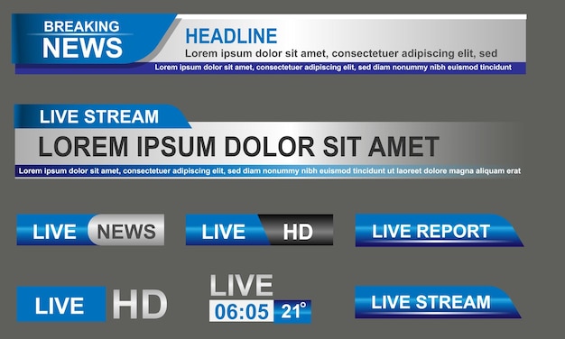 Vector broadcast news lower thirds plantilla azul gris banner titular noticia título deporte televisión video