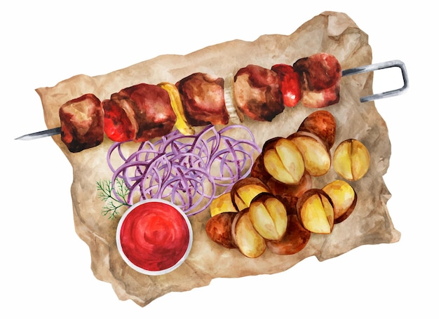 Brocheta de carne con patatas y cebollas sobre pergamino. Los menús del restaurante Loya son adecuados