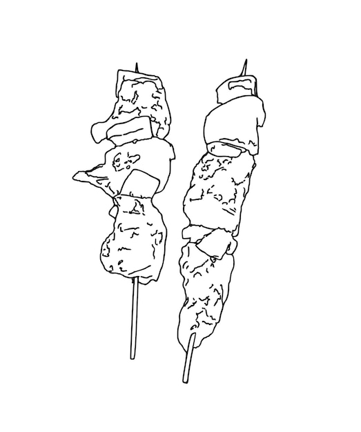 Brochetas en una brocheta de carne de res cerdo comida de pollo comida rápida garabato dibujos animados lineales para colorear