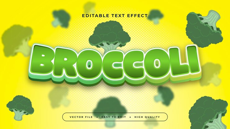 Vector brócoli verde y amarillo estilo de fuente de efecto de texto editable en 3d