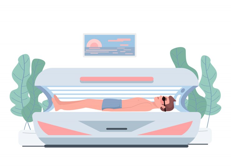 Vector bronceado personaje de color plano. hombre en hamaca. visita al solarium. cliente masculino de bronceado en la máquina. equipo de procedimiento cosmético. procedimiento de salón de belleza aislado ilustración de dibujos animados