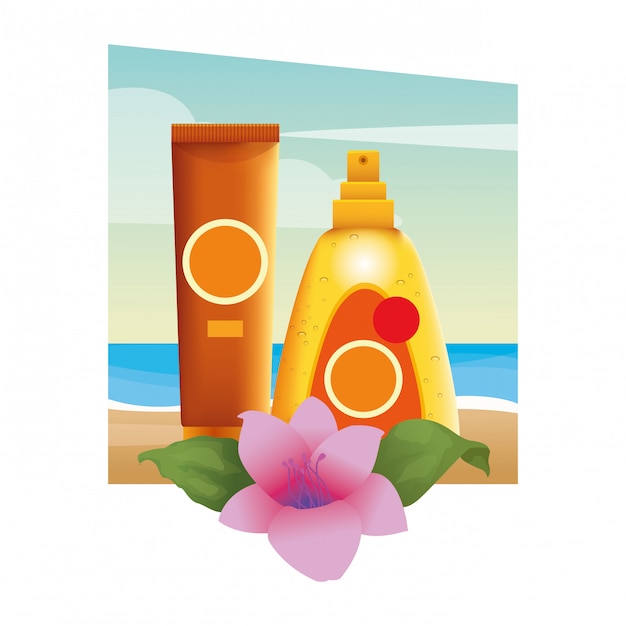 Vector bronceadores solares cosméticos con flores