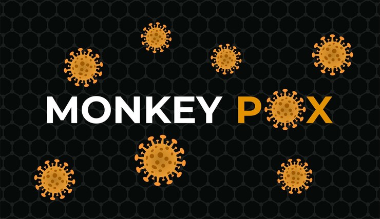 Vector brote de células del virus de la viruela del mono banner médico diseño de la pandemia del virus de la viruela del mono con fondo de vista microscópica ilustración vectorial