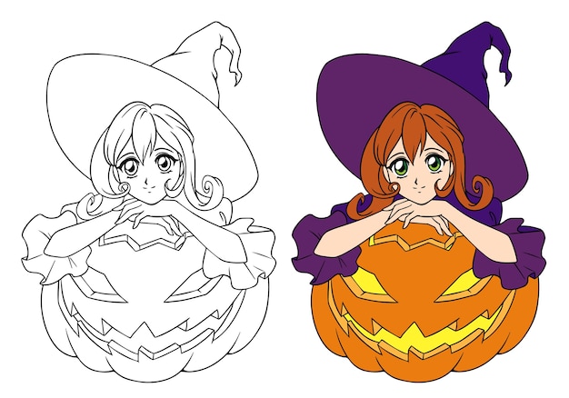 Bruja de anime retro sentado en jack o lantern aislado en blanco