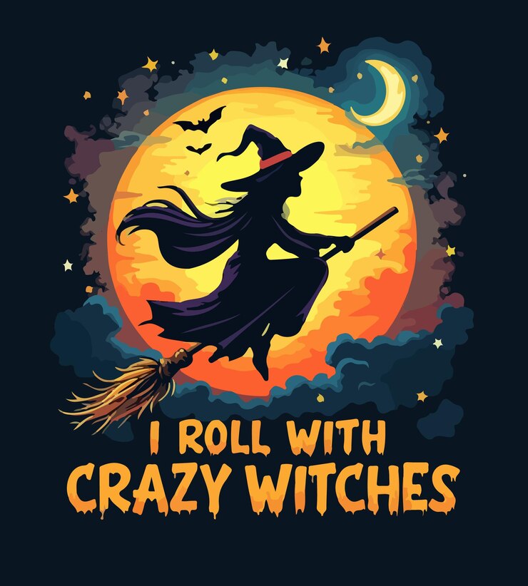 una bruja con una bruja en su sombrero está volando con brujas brujas