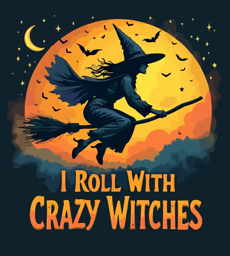 una bruja con una bruja en su sombrero está volando con brujas brujas