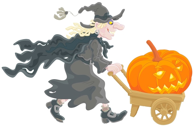 Vector bruja con una calabaza de halloween en su carretilla