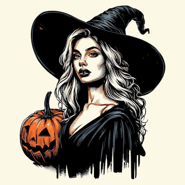 Bruja con una calabaza en Halloween