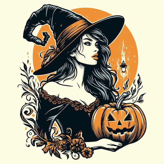 Bruja con una calabaza en Halloween