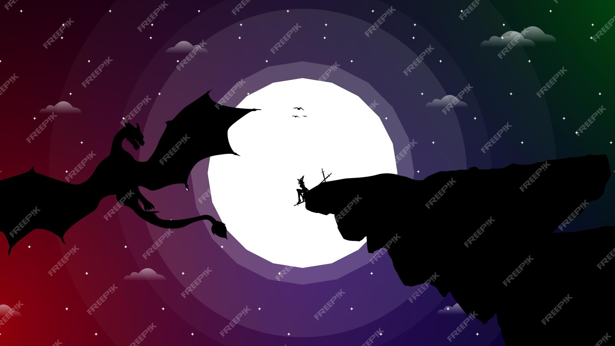 Bruja contra dragón. bruja en un acantilado en el fondo de la noche. papel pintado de fantasía con animales mitológicos. | Vector Premium Bruja contra dragón. bruja en un acantilado en el fondo de la noche. papel pintado de fantasía con animales mitológicos. | Vector Premium
