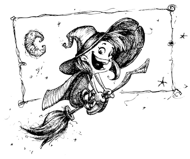 Bruja de dibujos animados volando en su escoba Ilustración vectorial de Halloween Vector dibujado a mano