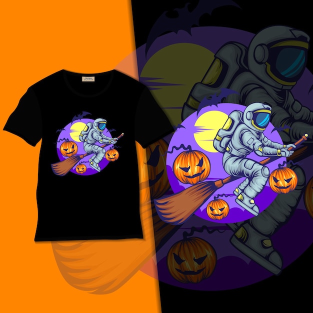 Vector la bruja espacial vuela con una ilustración de palo de escoba con diseño de camiseta