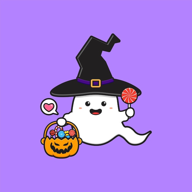 Bruja fantasma linda que sostiene el ejemplo del icono de la historieta del caramelo lleno del cubo de la calabaza