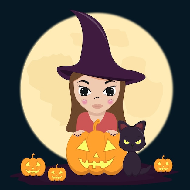 Vector bruja de halloween con un gato y calabazas bajo la luna.