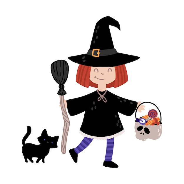 Bruja de Halloween con un gato negro.